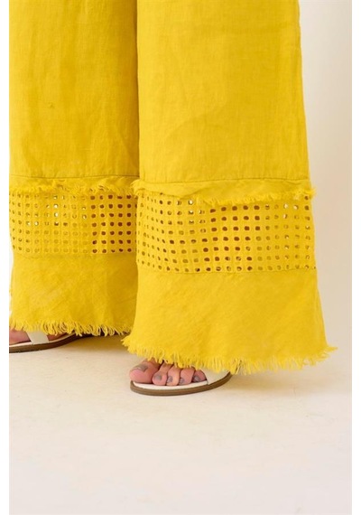 Eren Style İtalyan Fisto Paça Detaylı Keten Pantolon-9893 Sarı