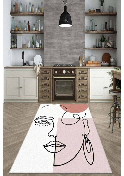 Pembe Kaymaz Tabanlı Yıkanabilir Soyut Mutfak Halısı Ar701n11