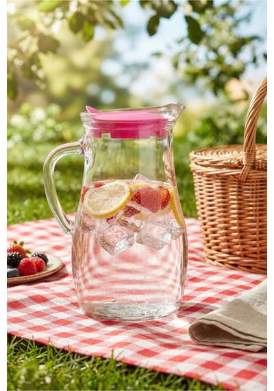 Lav Misket Cam Sürahi Tekli 1,8 L Kulplu Pembe Plastik Kapaklı