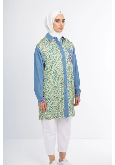 Pureva Taş İşlemeli Tencel Ve Desen Kumaşlı Tunik - Desen - 3 Çok Renkli