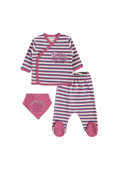 Civil Baby Çizgili Cutie Baskılı Zıbın Takımları - Bej Taş Rengi