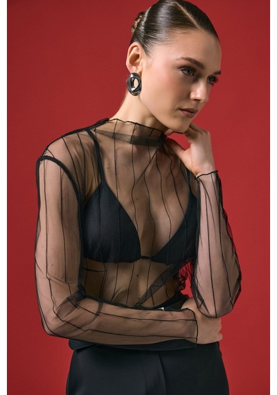 Ckm Moda Vaze Çizgili Transparan Bluz Siyah
