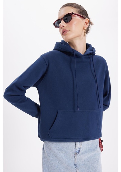 Tudors Kadın Relax Fit Rahat Kesim Pamuklu Kapüşonlu Kanguru Cepli Lacivert Sweatshirt-39937 Lacivert