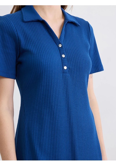 Lc Waikiki Lacivert Polo Yaka Fitilli Peplum Mini Elbise