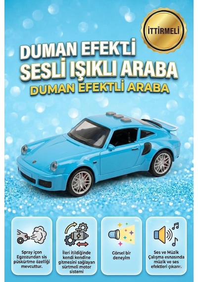 Duman Atan 3 Buton Fonksiyonlu Sesli Işıklı Müzikli Sürtmeli Kapıları Açılan Porsche Oyuncak Araba Mavi