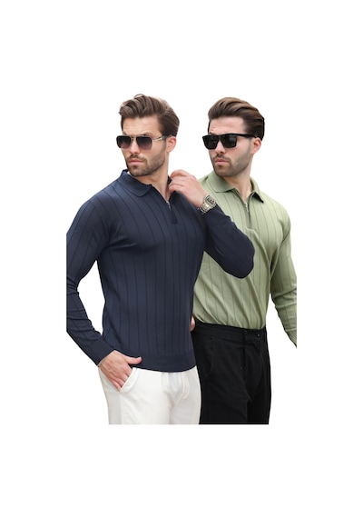 Madmext Lacivert/haki Polo Yaka Fermuarlı 2'li Paket Örme Kazak E7456 Lacivert/haki