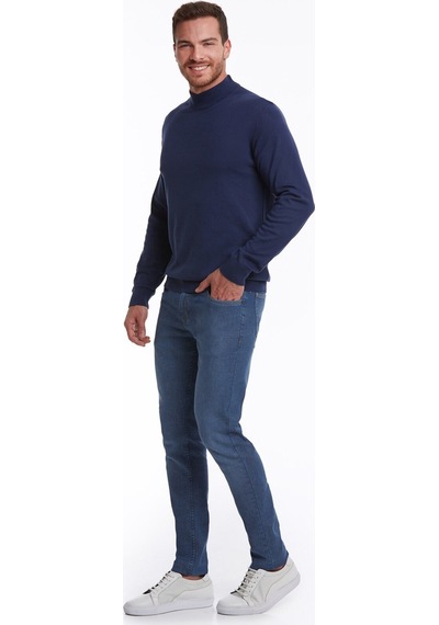 Hatemoğlu Erkek Indigo Regular Fit %100 Pamuk Yarım Balıkçı Triko Kazak İndigo