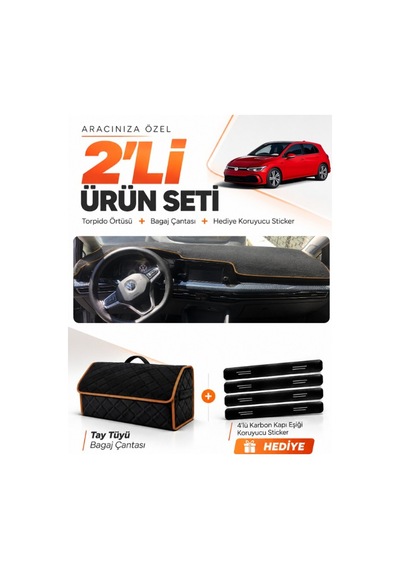 Volkswagen Golf 8 2021-2025 Uyumlu Torpido Örtüsü + Tay Tüyü Çanta + Sticker - Siyah Kahverengi