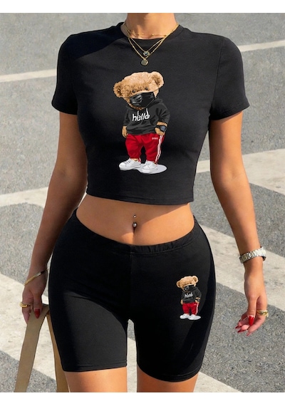 Tarzsokak Yaz Ayı Maskesi Giyen Baskılı Kırpma T-shirt Şort Kadın İki Parçalı Set Üstleri Pantolon Yüks Siyah