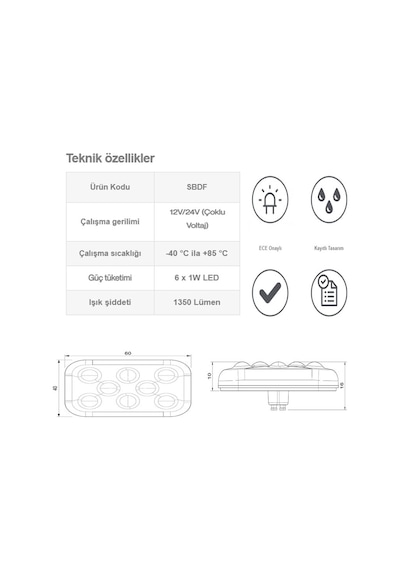 Sanel Animasyonlu 12 - 24V Universal Kare 6 Led Dış Mekan Uyumlu Mavi SBDF6B