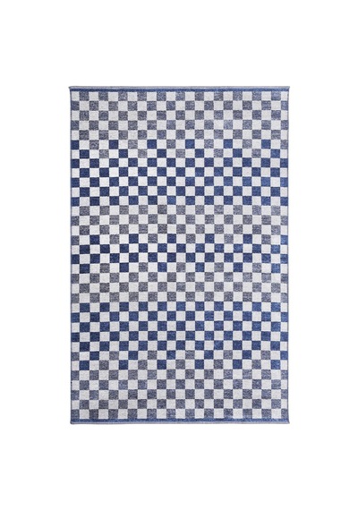 Mavi Beyaz Modern Geometrik Dama Desenli Yıkanabilir Halı - Yo30035xf Mavi - Beyaz