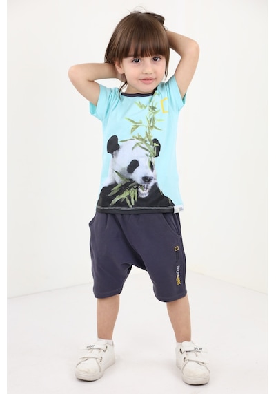 Toontoy Kids Toontoy Erkek Bebek Panda Baskılı Şortlu Takım Su Yeşili