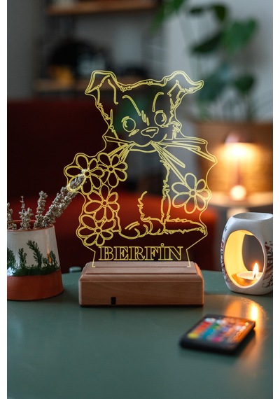Kişiye Özel 3D Tatlı Köpek Ve Çiçekler Masaüstü Led Lamba