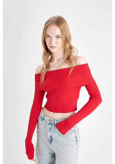 Defacto Coool Slim Fit Dar Kesim Açık Omuz Basic Düz Triko Kazak B6537AX24WNRD106 Kırmızı