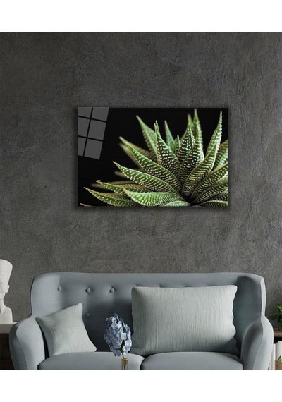 Siyah Arka Fon Aleovera Çiçek 4mm Dayanıklı Cam Tablo Temperli Cam, Black Background Aloe Vera Flowe