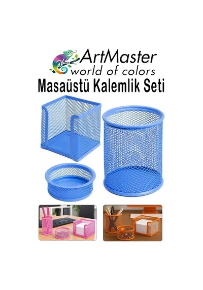 Mavi Masaüstü Fileli Kalemlik Seti 3 Parça 1 Paket 3 Lü Masa Üstü Düzenleyici Kalemlik Küp Notluk Ataşlık Mavi