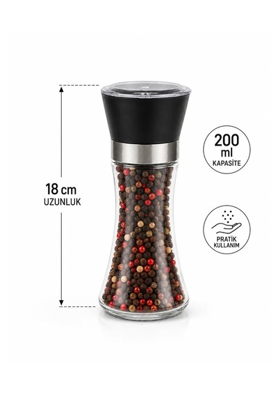 Seramik Öğütücülü 5 Kademe Ayarlı Cam Tuz Karabiber Değirmeni Plastik Kapak 200 Ml Şeffaf 18 Cm