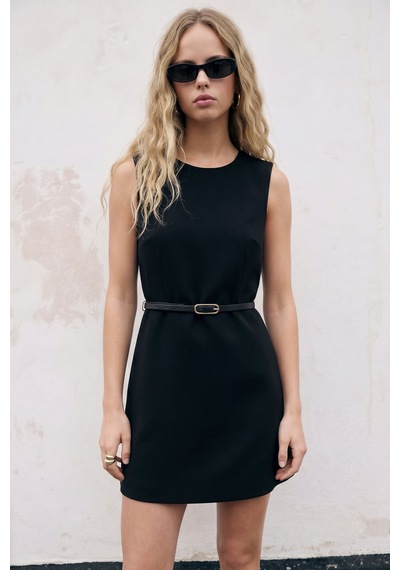 Sateen Kemerli Mini Elbise - Siyah-137569
