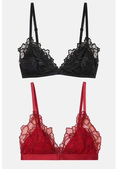 Kadın Kırmız Siyah 2'li Paket Dantelli Bralet Büstiyer Kırmızı