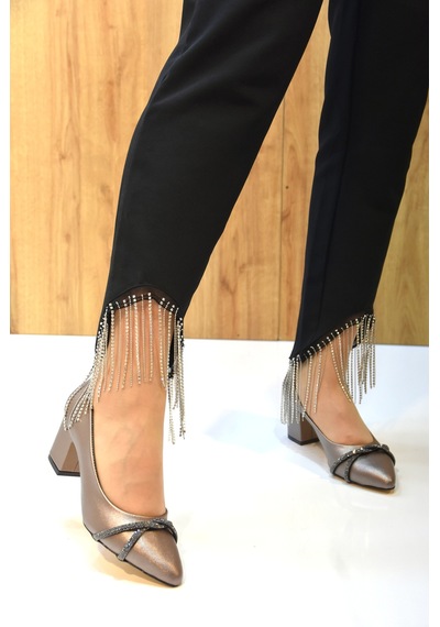 Prego Oc Shoes Kalın Topuklu Taş Biye Desenlik Kadın Ayakkabı Platin PLATIN
