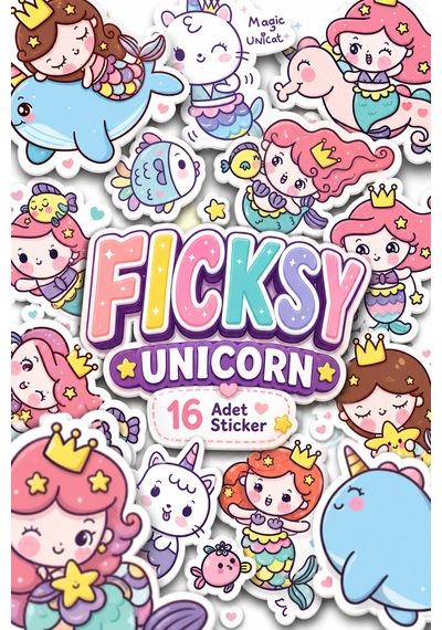 Sevimli Kawaii Unicorn Deniz Kızı Sticker Seti - 16 Adet Balık Kedi Etiket Çıkartma Diğer