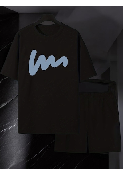Uyguntarz Unisex W Yazı Tasarım Basklı Tshirt Şort Takımı Siyah