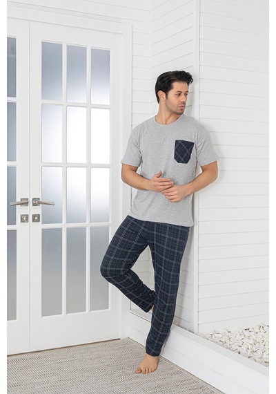 Sude Homewear Erkek Ekoseli Cepli Kısa Kollu Pijama Takımı Gri