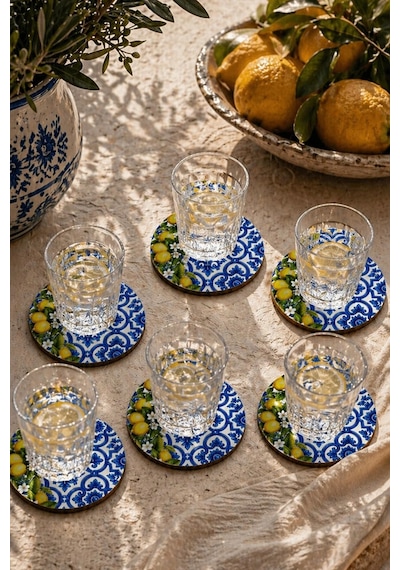 Motifli Limonlu Bardak Altlığı 6 Lı Set Sicilya Temalı 9 Cm Mdf Çok Renkli