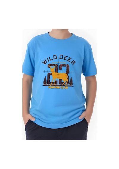 Panios Kids Hunting Club Baskılı Erkek Çocuk Yuvarlak Yaka Kısa Kollu T-shirt Mavi
