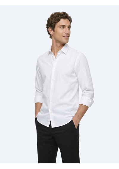 Kip Beyaz Çizgili Regular Fit Uzun Dokuma Casual %100 Pamuk Gömlek