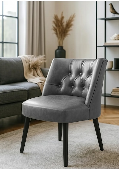 Waterybrook Berjer Sandalye - Kapitoneli Suni Deri - Siyah Ahşap Ayaklı - Retro Modern Tasarım Gri