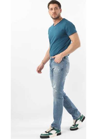 Erkek Dizi Yırtık Regular Fit Jean Pantolon Mavi 001