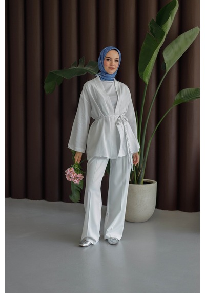 Moonsc Keten Kimono Kemerli Beyaz