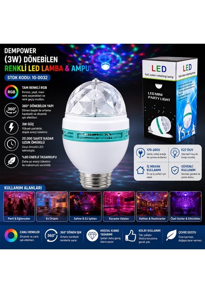 Dempower Dp-269 Dönebilen Disko Led Lamba Ve Ampul - 3 W Tam Renkli 170-265 V