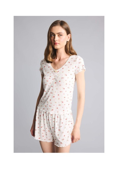 Defacto Regular Fıt Kısa Kollu Desenli 2li Ecru Pijama Takım G9932ax26smer98 Ekru-er98