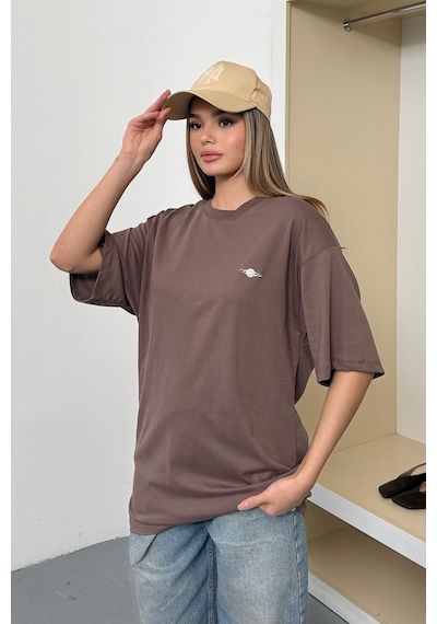 Giysa Kadın Filkete Aksesuarlı Pamuklu T-shirt Açık Kahverengi - 26y 26508