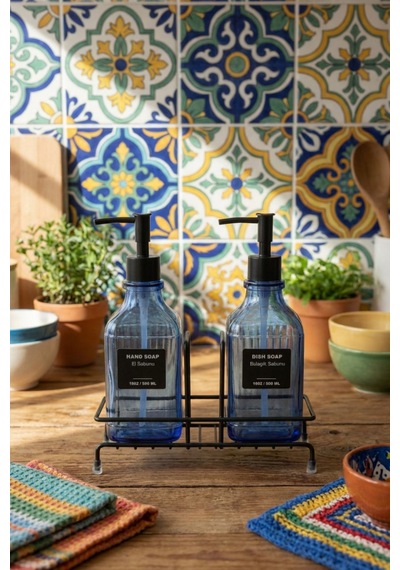 Makri Home Modern Çizgili Desenli Cam Ikili Sıvı Sabunluk & Deterjanlık Seti, Mavi - 500 Ml Cam Sabunluk Mavi