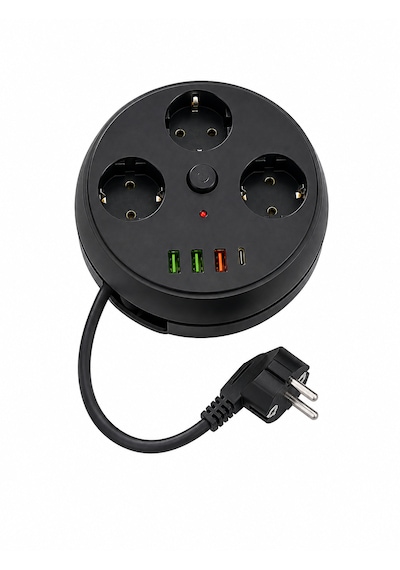 Akım Korumalı Makaralı Priz 3 Priz 3 Usb-a 1 Type-c 2 Metre Kablo 4000w 16a Açma Kapama Düğmeli Siyah 1 - 3 M