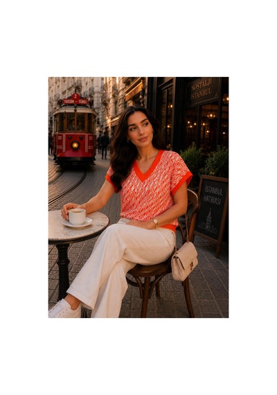 Hira Life Fashion Sfg Life Moda Kadın V Yaka Kare Desenli Şık Süveter Turuncu Turuncu