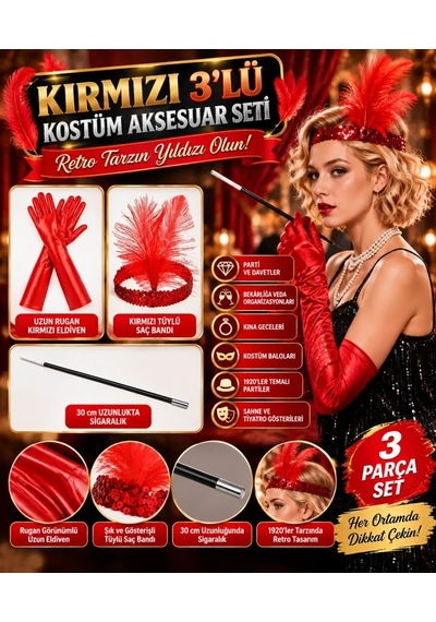 Ers- 1920 Ler Tarzı Kırmızı Tüylü Saç Bandı, Kırmızı Rugan Eldiven Ve Sigaralık Seti 30421664