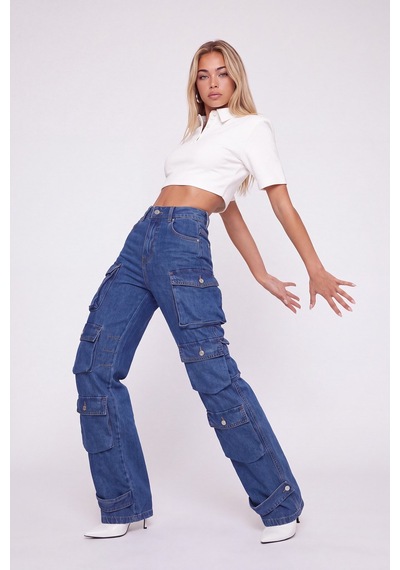 Holly Lolly Yüksek Bel Wide Leg Cargo Jean Pantolon Mavi