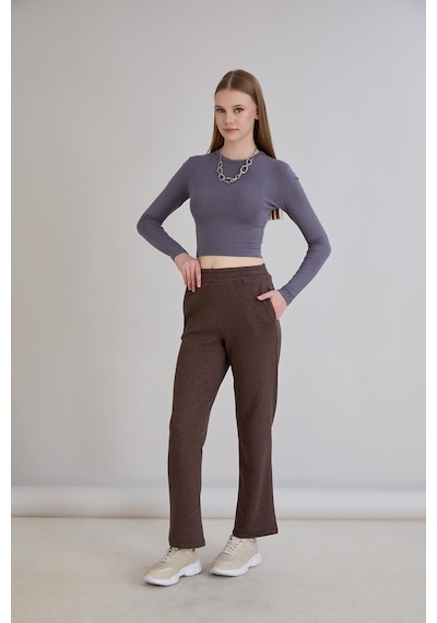 Sortie Collection Simli Örme Pantolon Kahverengi