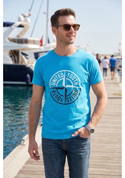 Buratti Baskılı Bisiklet Yaka Pamuklu Slim Fit Erkek T Shirt 541Pusula Açık Mavi