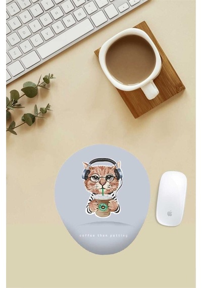 Kahve Sever Kedi Desenli Bilek Destekli Mouse Pad Mousepad
