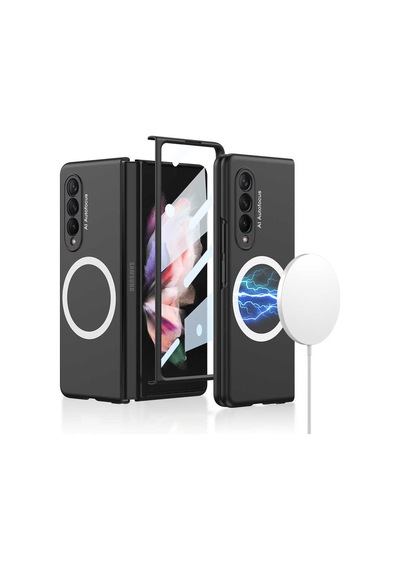 Samsung Uyumlu Galaxy Z Fold 3 Kılıf Wireless Şarj Özellikli Zore Kıpta M-safe Kapak Siyah