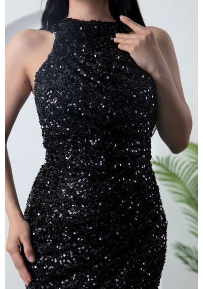 Kalopya Halter Yaka Yırtmaçlı Pulpayet Elbise Ecr5482 Siyah