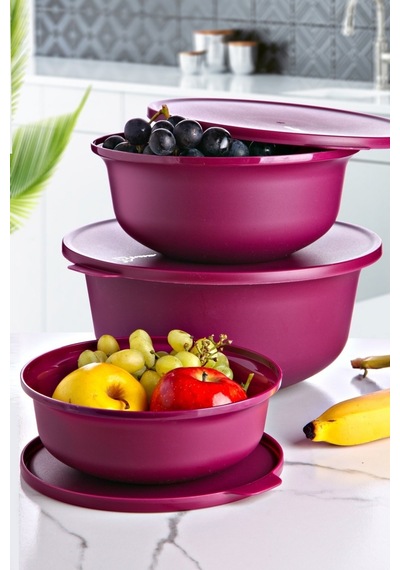 KitchenLife 3 Boy Kapaklı Yuvarlak Saklama Kabı Seti - Çırpma Kabı 4 Lt + 2 Lt + 1 Lt