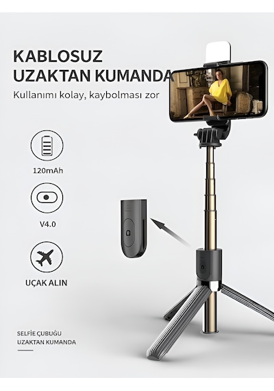 Bluetooth Kumandalı Tripod Telefon Tutuculu Selfie Çubuğu Telefon, Kamera, Lamba, Yayın Standı