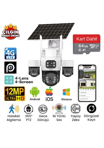 Inox X-14 3mp+3mp+3mp+3mp 12mp 4g E-sim Kartlı 2xsolar Panelli 4 Lens Akıllı Kamera + 64gb Sd Kart Dahil