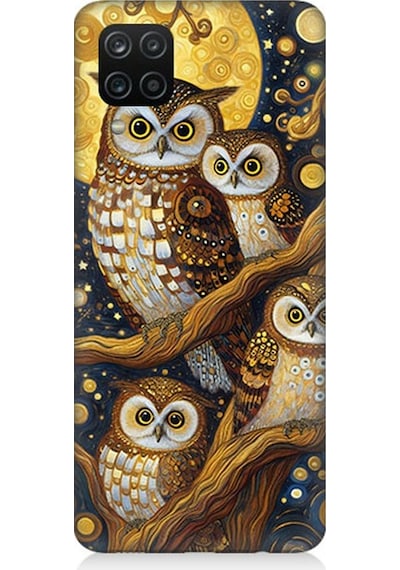 Samsung Galaxy A12 Uyumlu Altın Ayda Baykuşlar Desenli Silikon Kılıf Çok Renkli